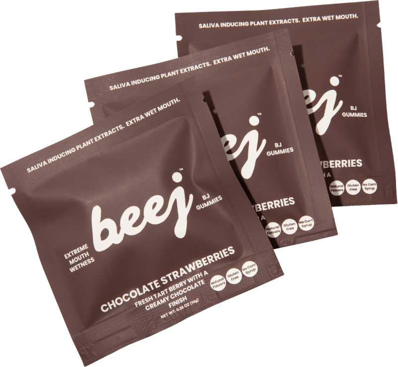 Three packages of beej BJ Gummies with chocolate strawberries flavor on a white background