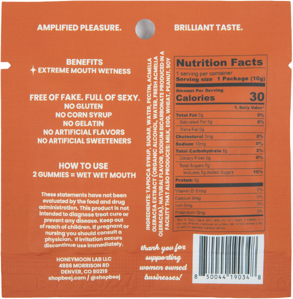Back of a gummy package with nutritional information and product details on an orange background