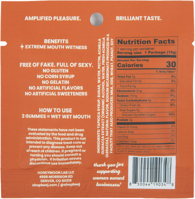 Back of a gummy package with nutritional information and product details on an orange background