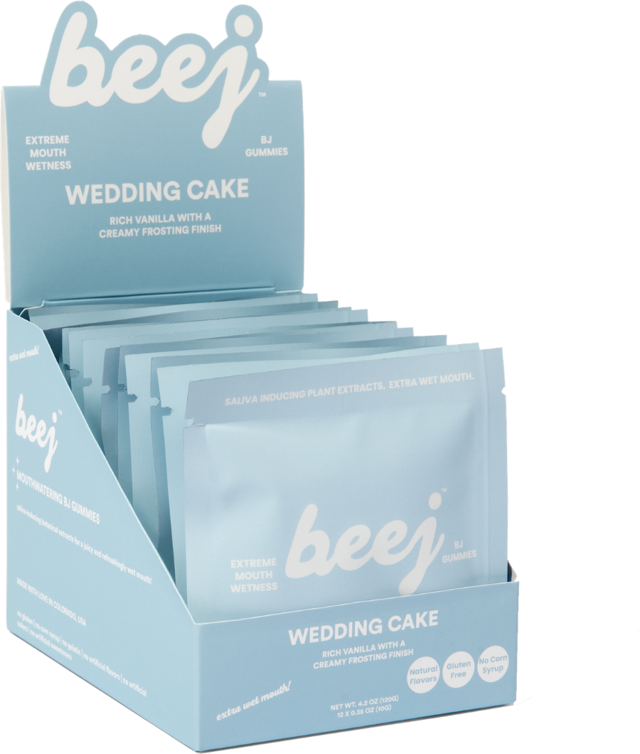 Display of beej wedding cake flavored oral sex candy in a blue box on a white background