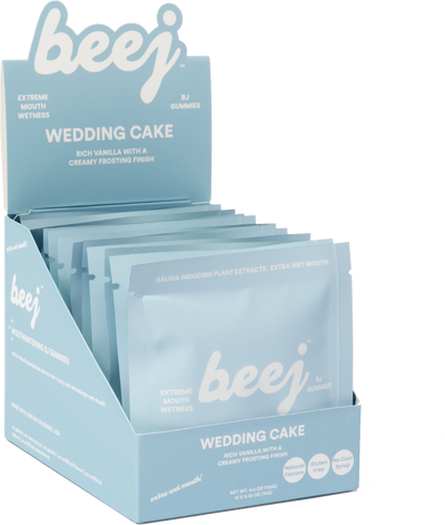 Display of beej wedding cake flavored oral sex candy in a blue box on a white background