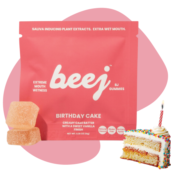 Beej Birthday Cake bj gummy package with a slice of birthday cake on a white background