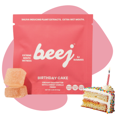 Beej Birthday Cake bj gummy package with a slice of birthday cake on a white background