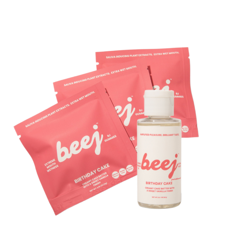 Beej edible massage oil and oral sex candy products including sachets and a bottle on a white background