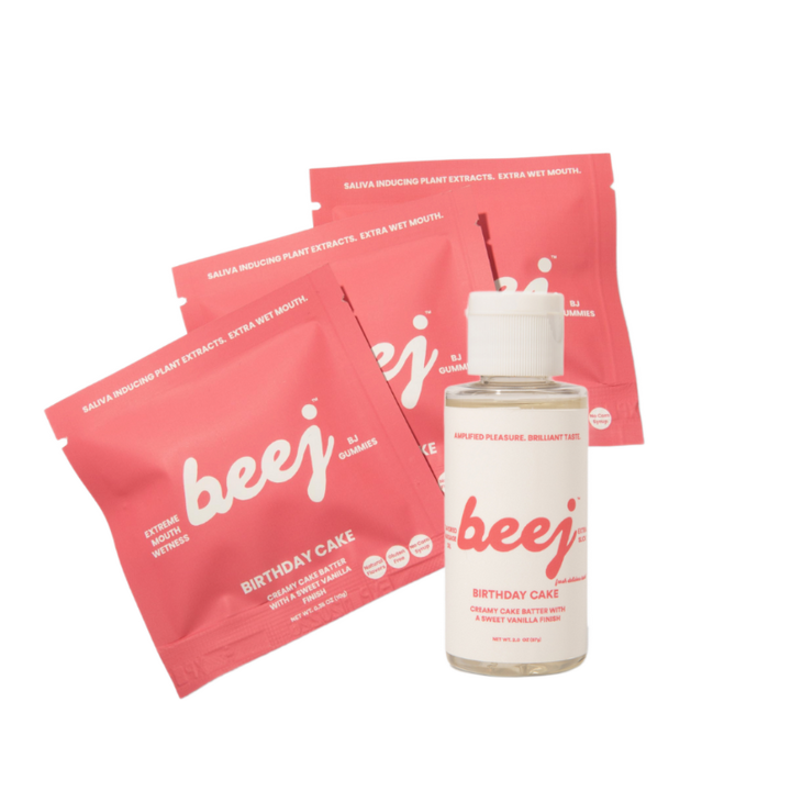 Beej edible massage oil and oral sex candy products including sachets and a bottle on a white background