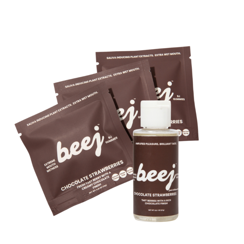 Beej chocolate strawberry-flavored  edible massage oil and bj gummies product packaging on a white background