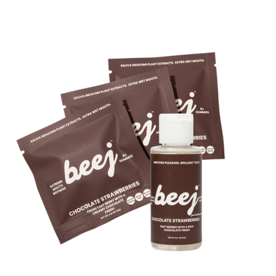 Beej chocolate strawberry-flavored  edible massage oil and bj gummies product packaging on a white background