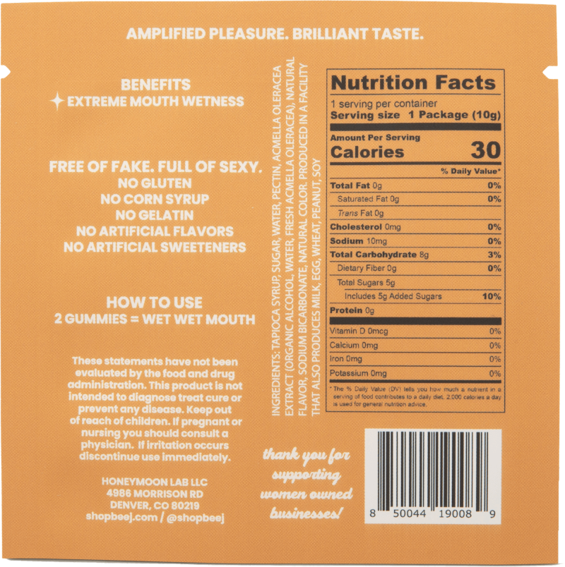 Nutrition facts beej label and product description on a brown background