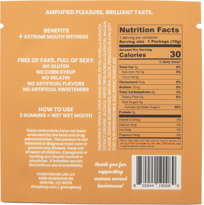 Nutrition facts beej label and product description on a brown background