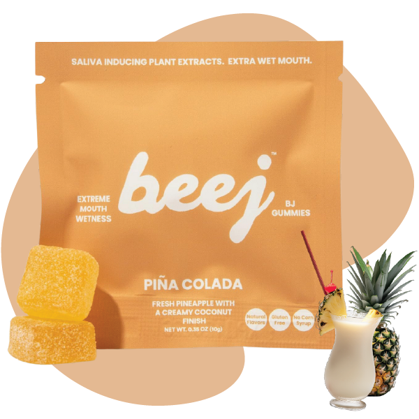 Beej BJ Gummies Pina Colada flavor packaging with gummies and a pineapple-themed glass.