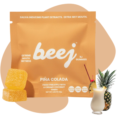 Beej BJ Gummies Pina Colada flavor packaging with gummies and a pineapple-themed glass.