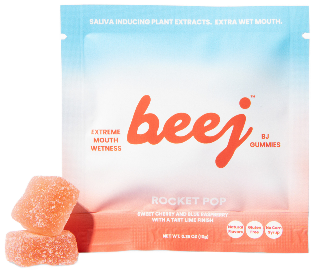 Beej oral sex candy gummies packaging with two gummies on a white background