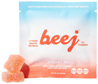 Beej oral sex candy gummies packaging with two gummies on a white background