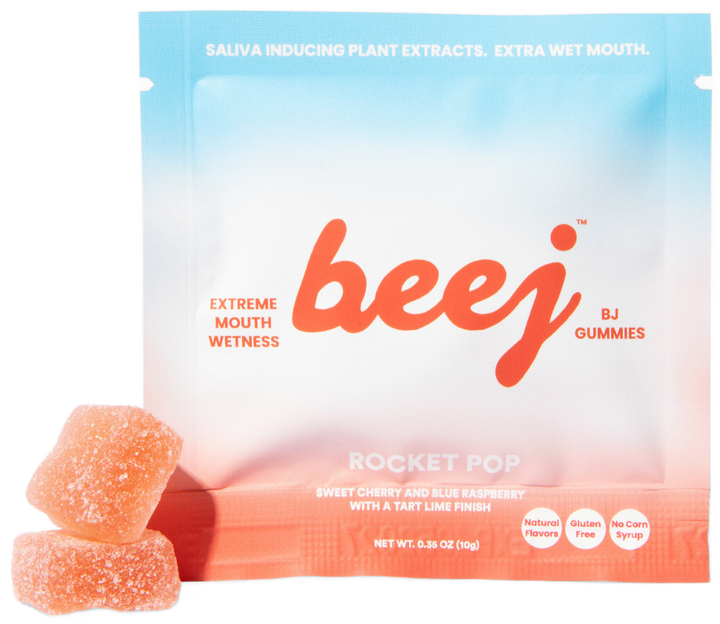 Beej oral sex candy gummies packaging with two gummies on a white background
